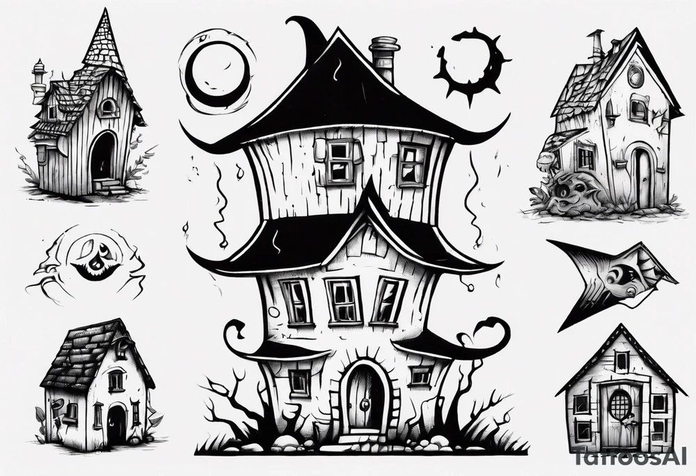 A little house with a monster coming out of its pointy roof tattoo idea