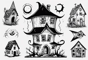 A little house with a monster coming out of its pointy roof tattoo idea