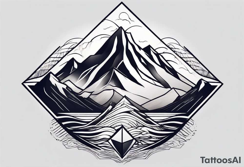 Mountains and big ocean waves  crashing diamond shape half and half tattoo idea