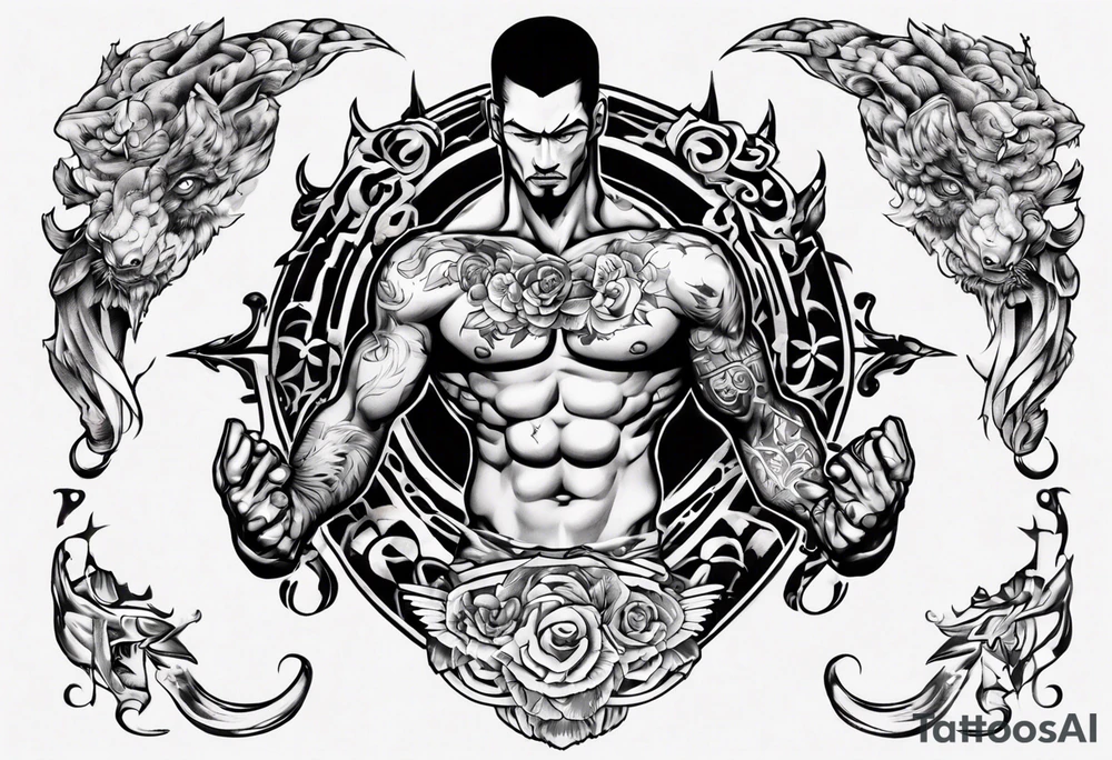 a chest tattoo starting at the left pec going onto the shoulder and bicep.  lots of black tattoo idea