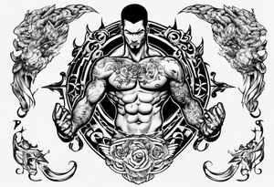 a chest tattoo starting at the left pec going onto the shoulder and bicep.  lots of black tattoo idea