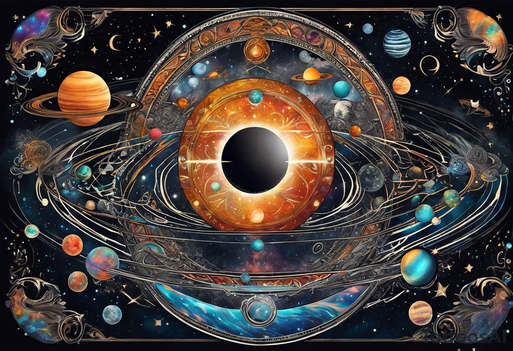A tattoo featuring a cosmic scene with planets, black holes, and supernovae intertwined with intricate linguistic symbols, reflecting the client's interests in cosmology and linguistics. tattoo idea