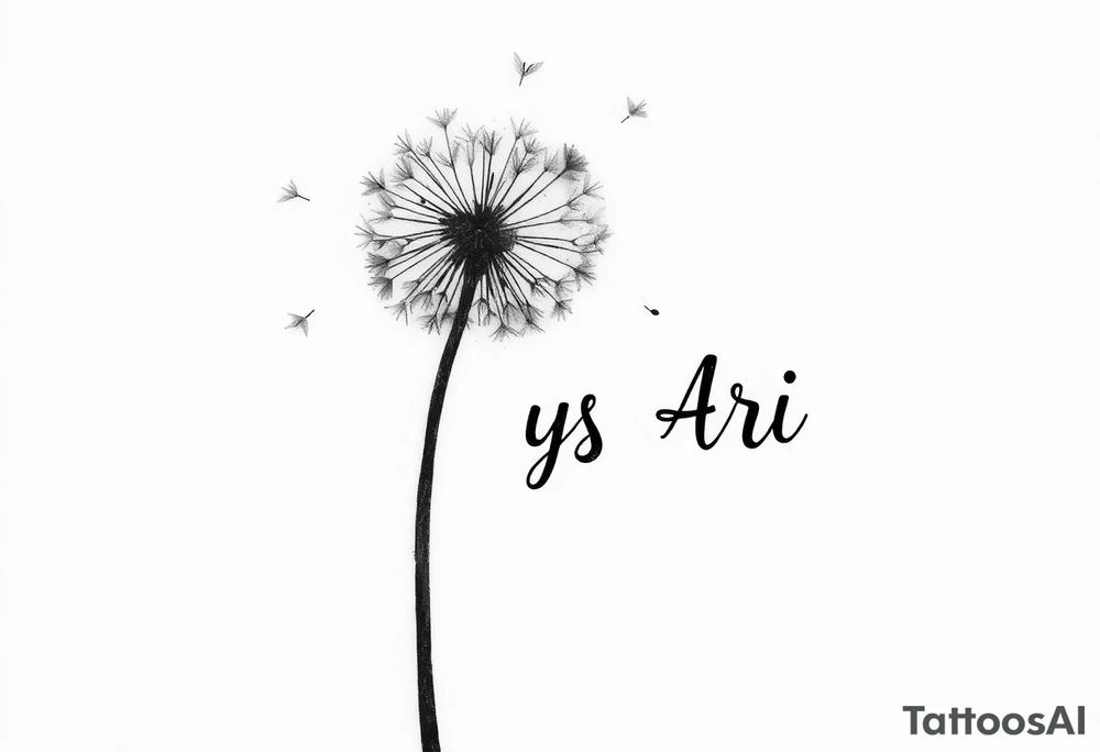 This image showcases a black-and-white watercolor-style illustration of a dandelion. The dandelion is depicted in fine detail, with its delicate seeds dispersing into the air. The artistic approach includes an ink-wash effect, where the stems appear to be dripping down like wet ink or paint, creating a dreamy and fluid aesthetic.

The background is minimalistic, with soft splatters and shading, adding to the abstract and ethereal feel. The contrast between the dark ink and the white background gives the image a striking, modern, and artistic look. It conveys themes of freedom, change, and the fleeting nature of time. Rix Rys Ari realistic drawing tattoo idea