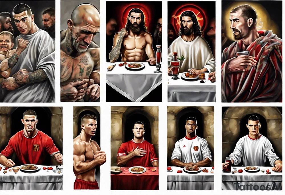 Rooney, Ronaldo, Best, Charlton, Cantona and Rashford at the Last Supper tattoo idea