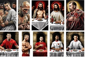 Rooney, Ronaldo, Best, Charlton, Cantona and Rashford at the Last Supper tattoo idea