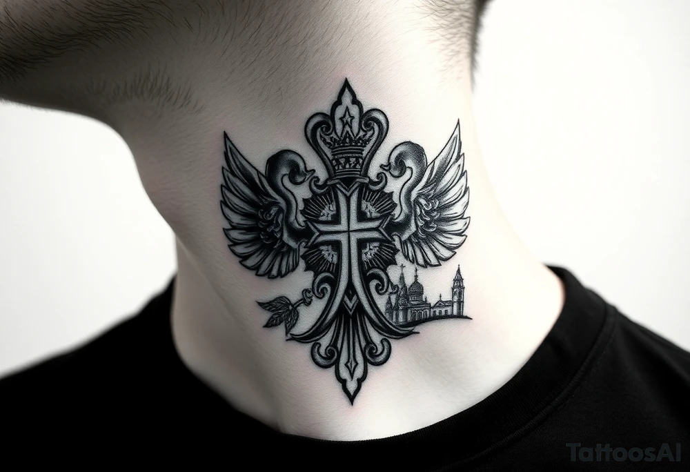 russian coat arms in a russian christian orthodox cross with the cross in the middle with a virgin mary & orthodox dome church on the side of the neck in a wilderness setting tattoo idea