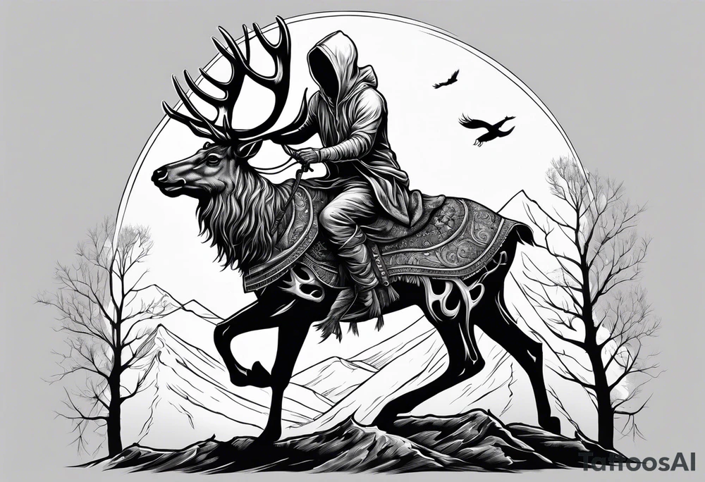 Hooded figure riding on a reindeer skeleton tattoo idea