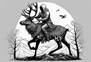 Hooded figure riding on a reindeer skeleton tattoo idea