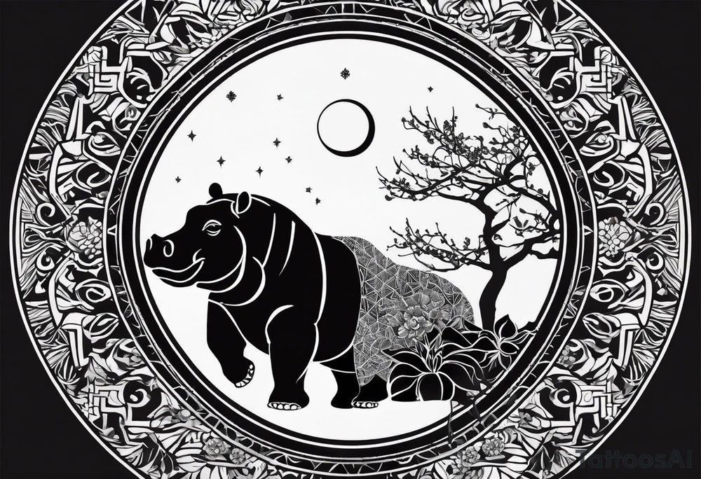 Very asymmetrical, +geometric pattern, with realistic full moon, with seeious looking hippo, +zen feel, + Buddhism touch, +tribal, +geometric
with wintersweet flower bud, +portrait orientation, +inkart touch, tattoo idea