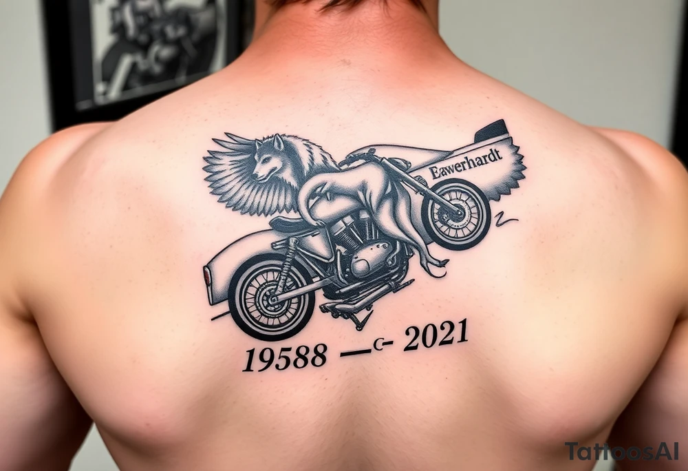 Dale Earnhardt car on it with the year 1958 - 2021 intertwined with a motorcycle on it with guardian angel wolves tattoo idea