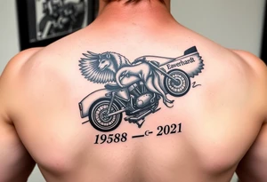 Dale Earnhardt car on it with the year 1958 - 2021 intertwined with a motorcycle on it with guardian angel wolves tattoo idea