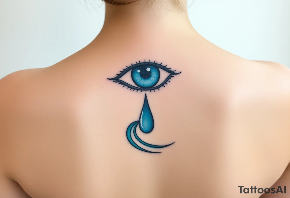 Teary eye with a dripping teardrop morphing into a flowing river, with gentle blue gradients tattoo idea