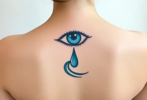 Teary eye with a dripping teardrop morphing into a flowing river, with gentle blue gradients tattoo idea