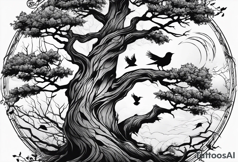 branch of a dead tree with shadows of birds tattoo idea