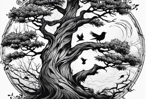 branch of a dead tree with shadows of birds tattoo idea