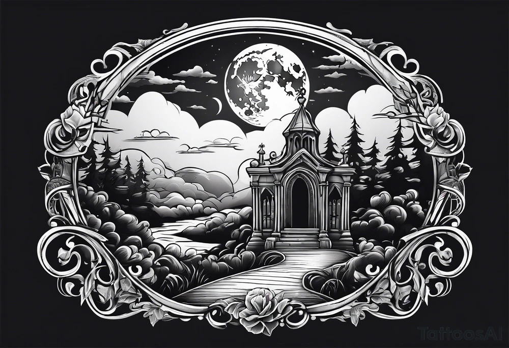 Graveyard with moon and smoke  on hills with clouds tattoo idea