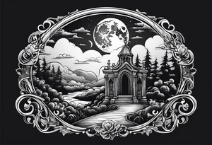 Graveyard with moon and smoke  on hills with clouds tattoo idea
