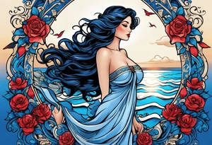 Aphrodite is the goddess of love, with a seaside background, surrounded by birds.. blue roses frames, background blue,present it in a tattoo, black hair, love motives tattoo idea