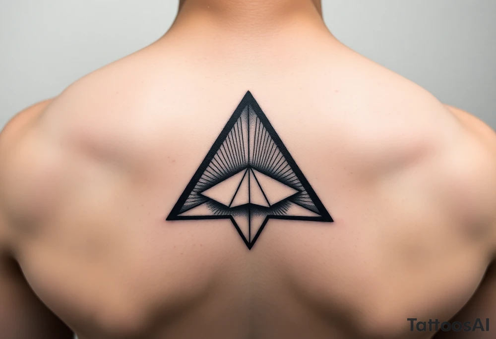Geometric small triangle with a paper plane while being psychedelic with fine thin lines tattoo idea