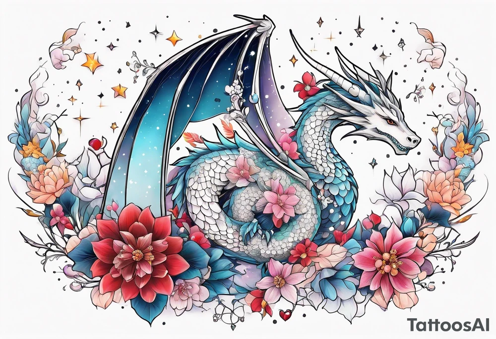 Constellation, wing , snow , cross , dragon female japan kawaii , flower tattoo idea