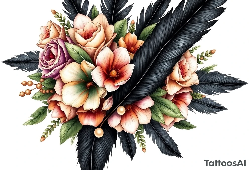 A wedding bouquet of olive green , lavender , rose gold and cream flowers surrounded by black feathers with a single pearl along the spine of the feather tattoo idea