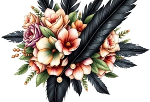A wedding bouquet of olive green , lavender , rose gold and cream flowers surrounded by black feathers with a single pearl along the spine of the feather tattoo idea