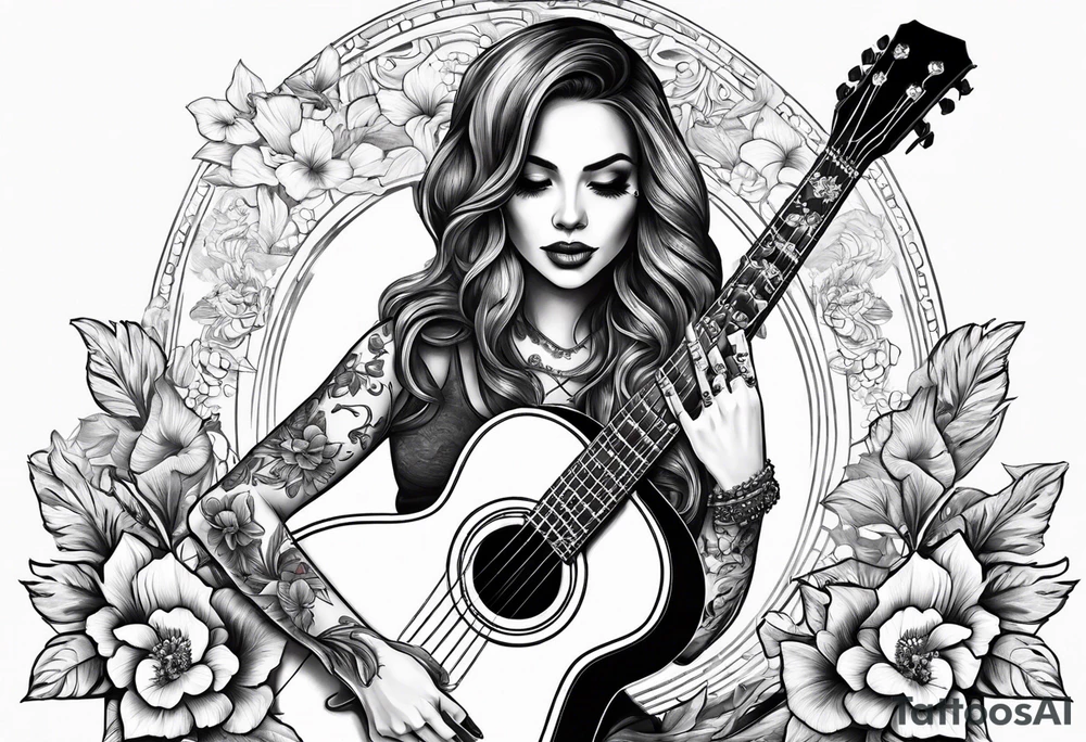 female skeleton playing guitar. Hibiscus flower tattoo idea
