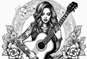 female skeleton playing guitar. Hibiscus flower tattoo idea