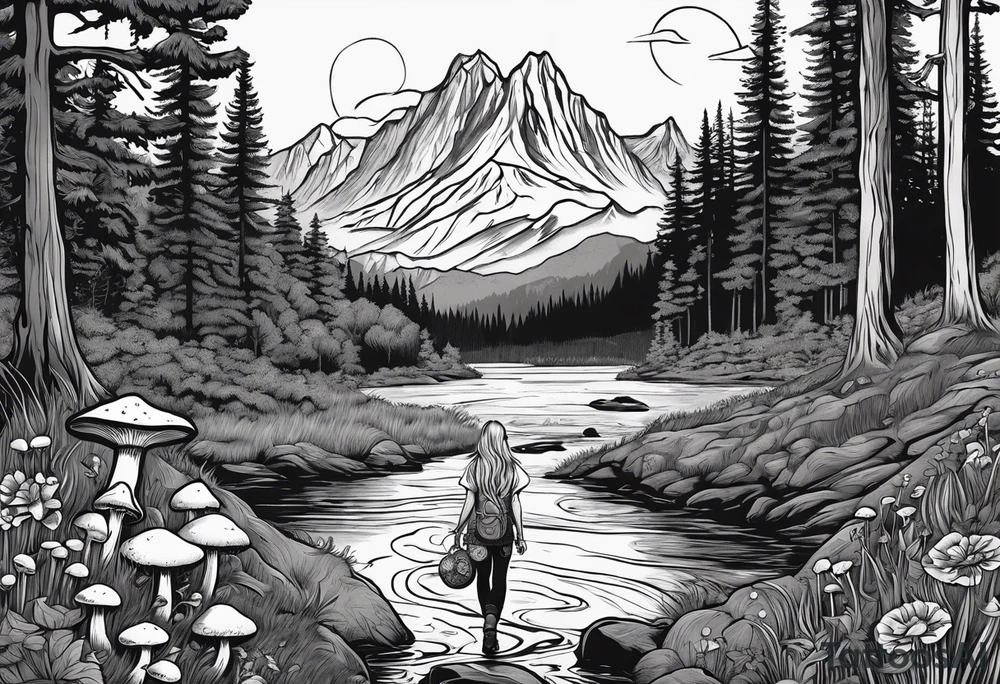 Whole picture encircled fully

Straight long blonde hair hippie girl in distance holding mushrooms in hand facing away toward mountains and creek surrounded by mushrooms long sleeve shirt and hiking pants; whole rendering within a full circle, no cut off circle tattoo idea