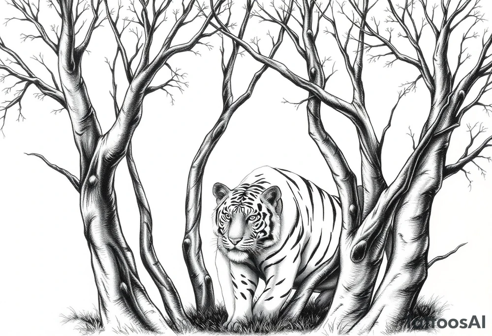 In front of the intertwined trees, looming inside the woods was a tiger that was very hard to see. tattoo idea