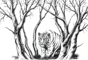 In front of the intertwined trees, looming inside the woods was a tiger that was very hard to see. tattoo idea