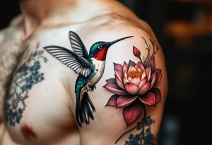 hummingbird drinking from lotus flower (Red and black colors only) tattoo idea