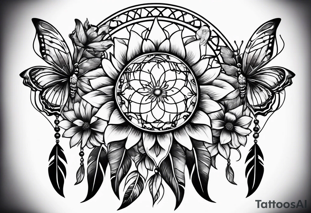 Sun flower dreamcatcher with butterflies tattoo idea