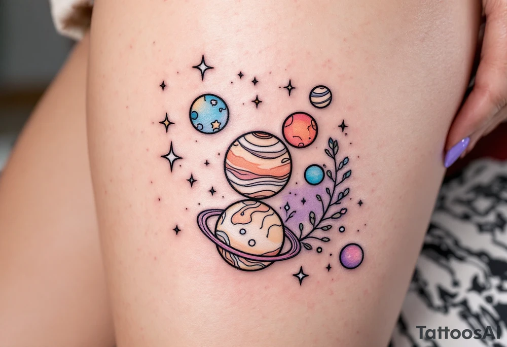 A dreamy cosmic scene on the thigh with Sagittarius stars surrounded by planets in soft pastel purples and pinks. tattoo idea