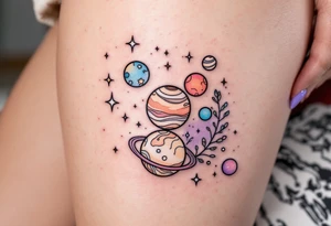 A dreamy cosmic scene on the thigh with Sagittarius stars surrounded by planets in soft pastel purples and pinks. tattoo idea