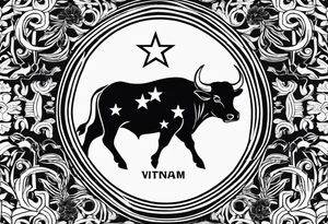 vietnam flag with ox with bamboos tattoo idea