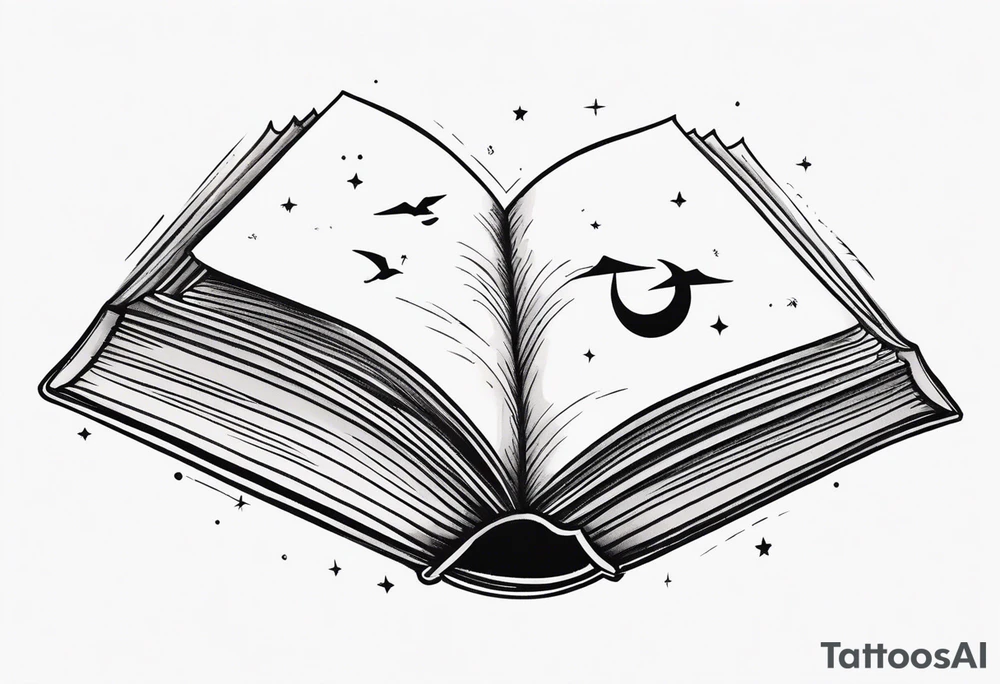 Open book, fantasy coming to life from inside, whimsical, small tattoo idea