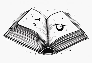 Open book, fantasy coming to life from inside, whimsical, small tattoo idea