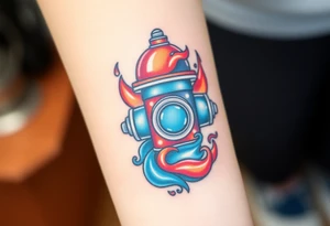 A detailed fire hydrant wrapped in a swirling water-and-flame motif, blending cool blue with fiery red and orange tones. tattoo idea