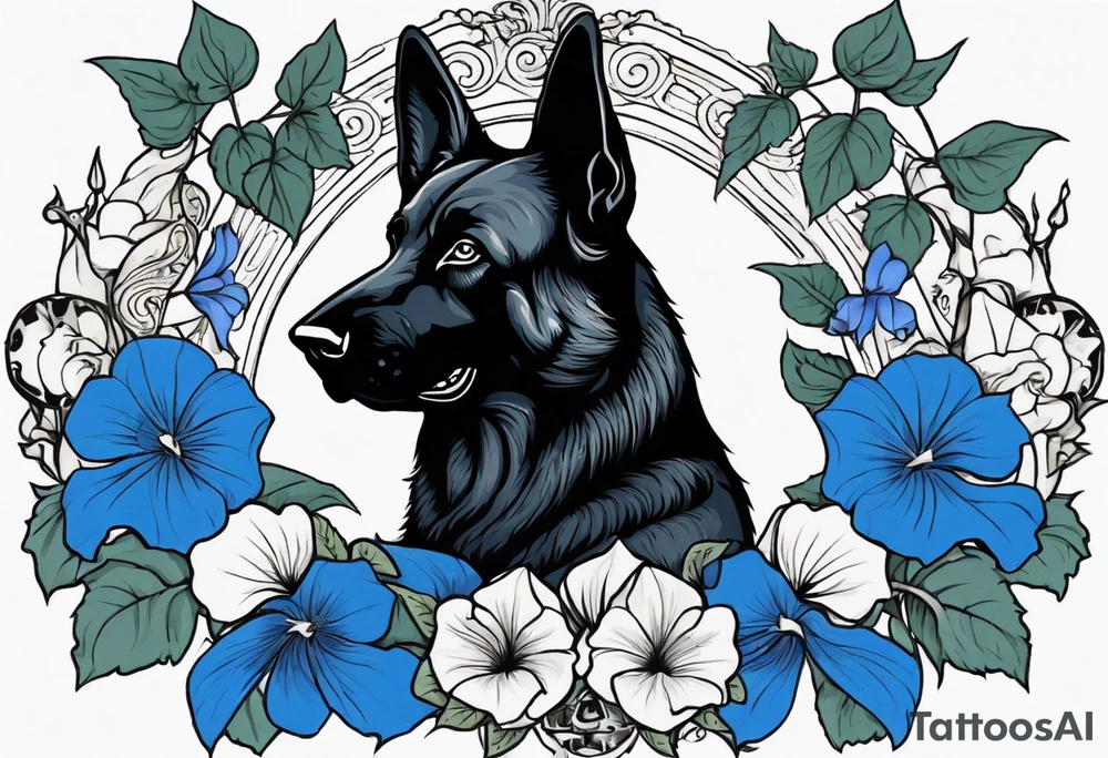 Black German shepherd face surrounded by blue morning glories tattoo idea