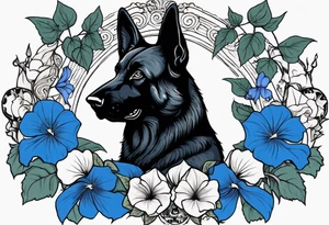 Black German shepherd face surrounded by blue morning glories tattoo idea