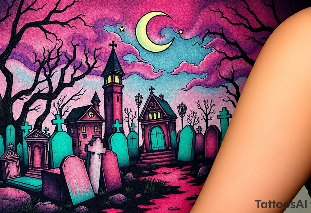 Tim Burton’s haunted victorian graveyard is abandoned and dripping with muted reds, dusty pinks, and eerie green glow.purple and cyan smokey clouds swirl in the crescent moonlit sky thats sprinkled with stars tattoo idea tattoo idea