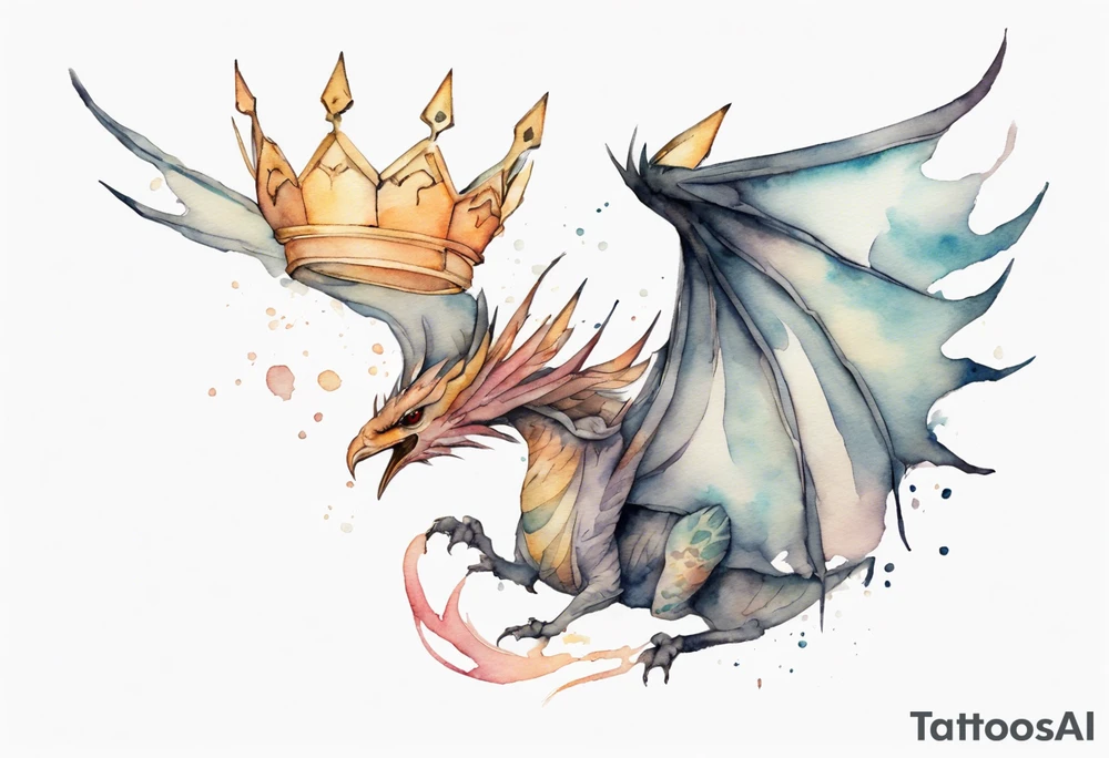 a watercolor of a bird-wyvern hybrid wearing a minimalist crown, flying tattoo idea