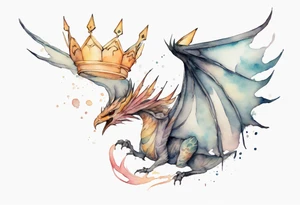 a watercolor of a bird-wyvern hybrid wearing a minimalist crown, flying tattoo idea