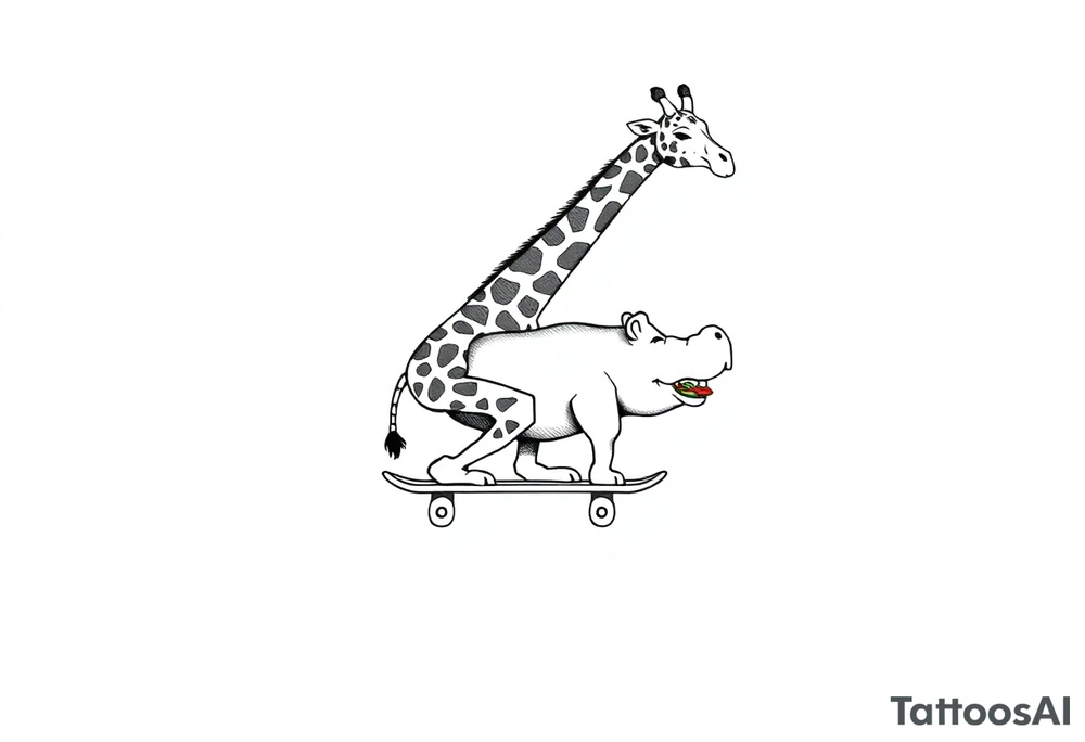 Majestic giraffe riding a skateboard and eating a hippo sandwich tattoo idea