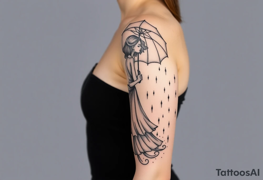 Abstract girl with umbrella in the rain tattoo idea