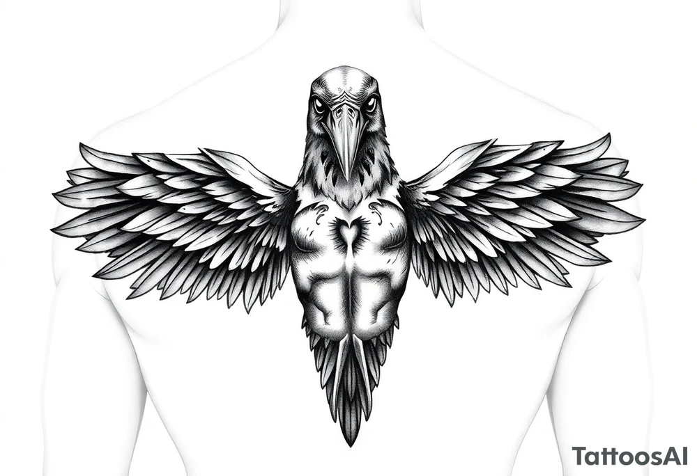Create a detailed upper back tattoo design featuring a central figure with a crow head facing forward, a human body, and two symmetrical angel wings extending outward. . Use a grayscale style with intricate shading, ensuring a balanced and bold composition. Avoid side profiles for the crow head, keeping it directly forward tattoo idea
