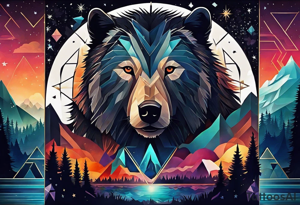 I need to create a sleeve tattoo from shoulder to wrist. The design should include space, stars, forest, sunset, mountains, cliffs, waterfall, water, ocean, wild animals (bear, wolves, elephant), and inserts of triangles and geometric figures. I have two children – a son, Sergei (the eldest), and a daughter, Anna, who live with me and my wife. But I also have another daughter, Marianna, whom I haven't seen for a long time and eagerly await to meet. The tattoo should symbolize love and protection for my children and family, the desire to secure their future, and confidence in tomorrow. It should reflect the notion of not looking back, but always moving forward and achieving goals! tattoo idea