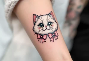 This cute white persian cat tattoo of Marie with two pink bows in soft whites and pinks is a must for any The Aristocats fan. tattoo idea