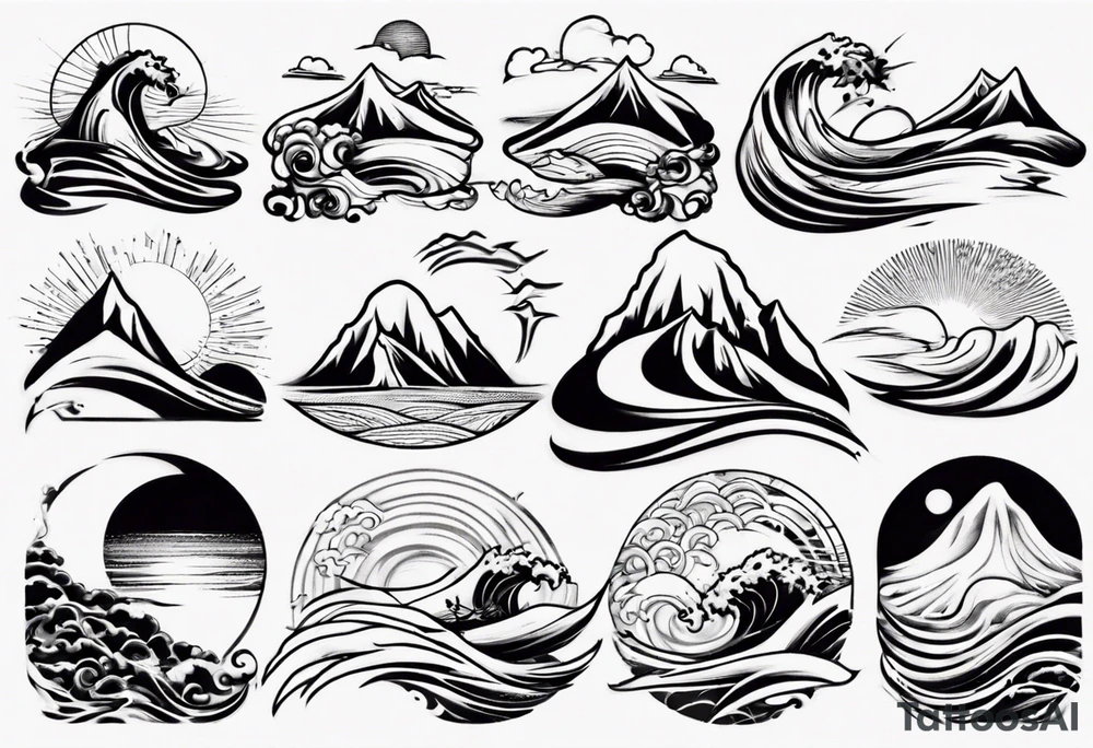 mountains, beach, waves, sun tattoo idea